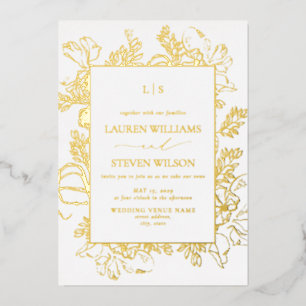 Real Gold Foil Monogram Floral Line Hochzeit Folieneinladung