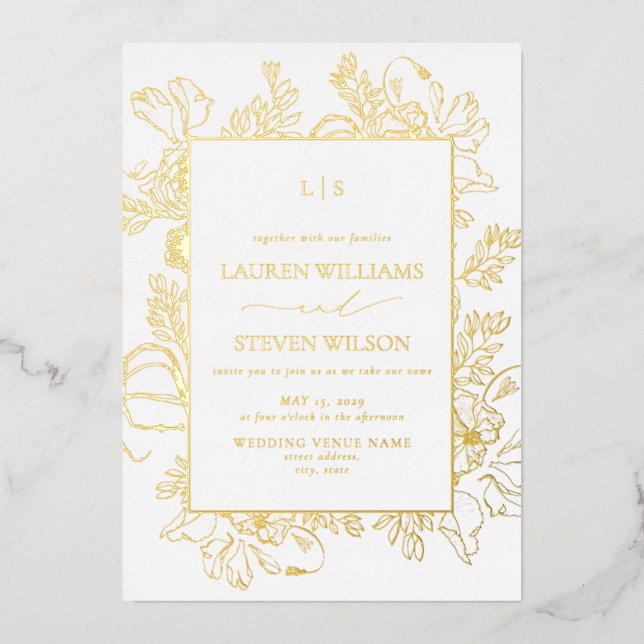 Real Gold Foil Monogram Floral Line Hochzeit Folieneinladung (Vorderseite)