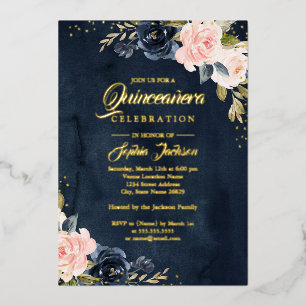 REAL GOLD FOIL Navy Pink Floral Quinceanera Folieneinladung