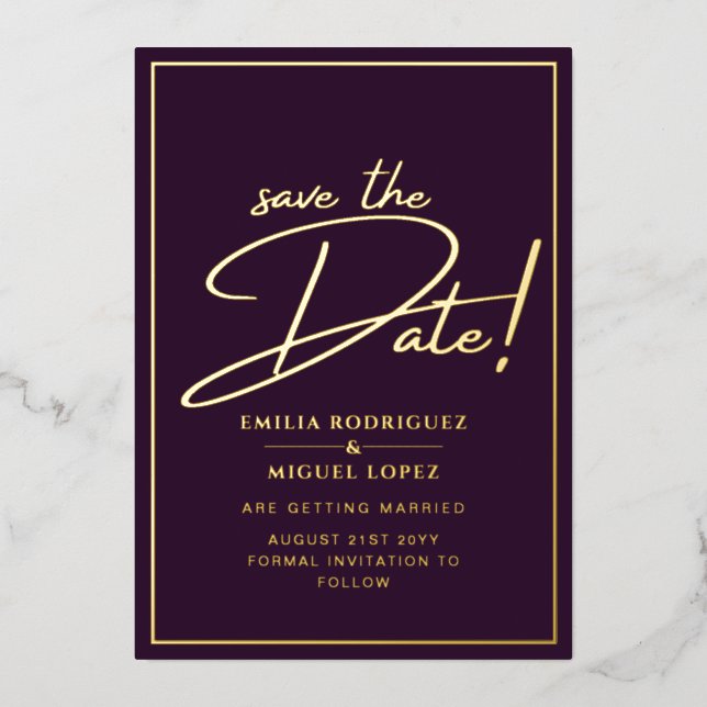 Real GOLD Foil Plum Lila Save the Date Hochzeit Folieneinladung (Vorderseite)