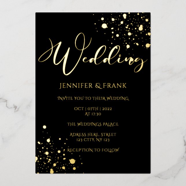 Real Gold Foil Spots Modern White Elegante Black Folieneinladung (Vorderseite)