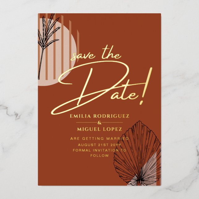 Real GOLD Foil Terracotta Save the Date Hochzeit Folieneinladung (Vorderseite)