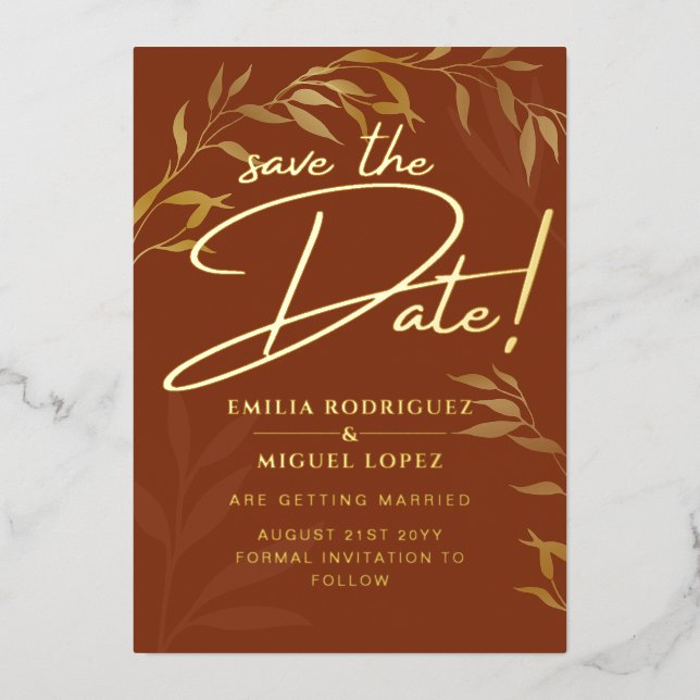 Real GOLD FOIL Terracotta Save the Date Hochzeit Folieneinladung (Vorderseite)