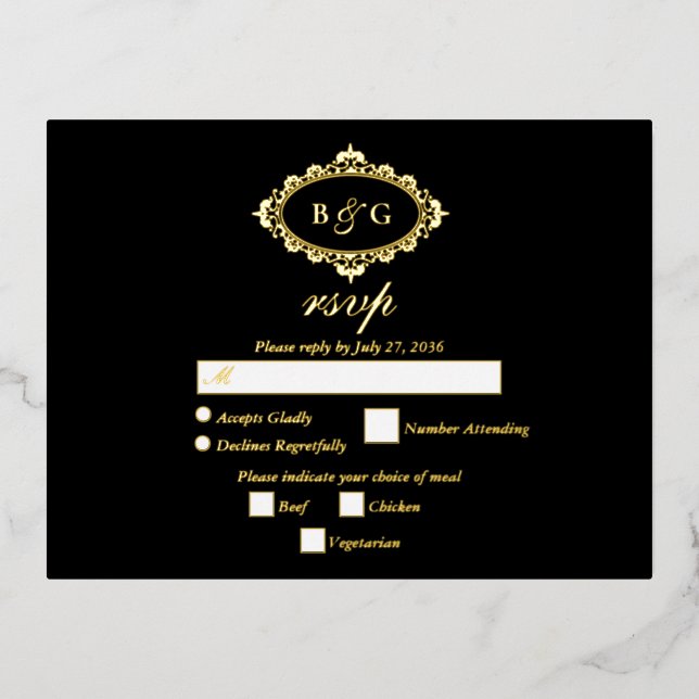 Real Gold Foil Wreath White Wedding RSVP Black Folie Einladungspostkarte (Vorderseite)