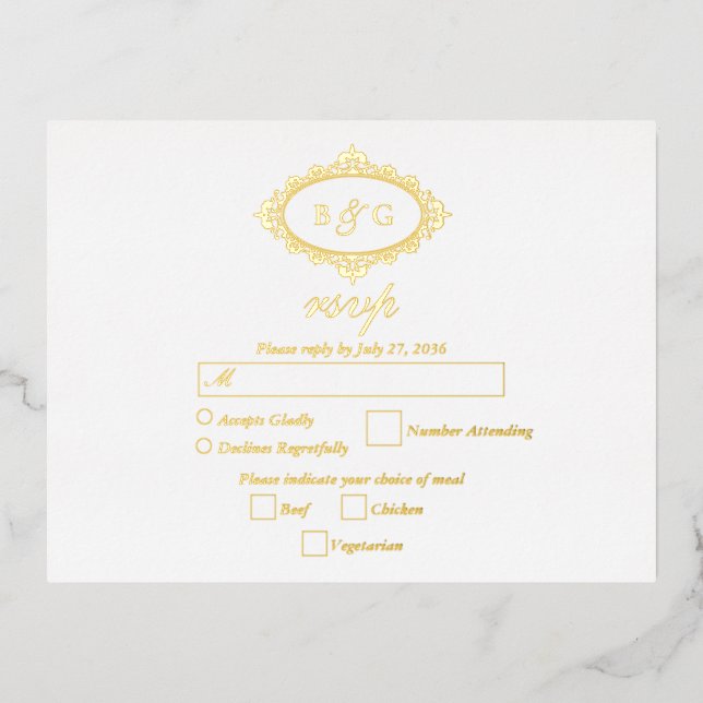 Real Gold Foil Wreath White Wedding RSVP Folie Einladungspostkarte (Vorderseite)