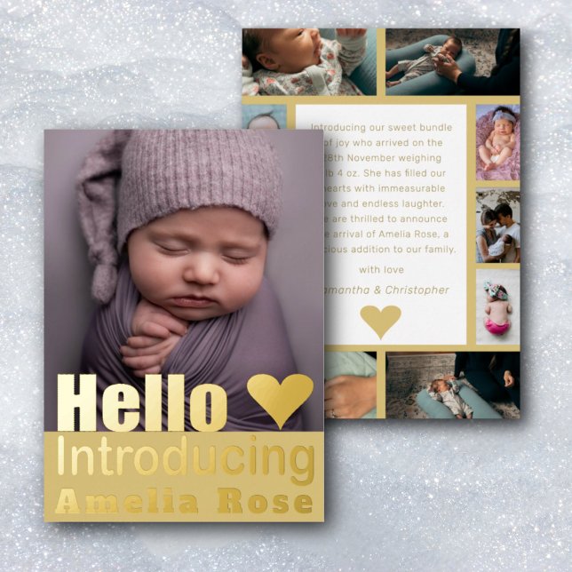 Real Gold Foto Collage Hallo Kinderankündigung Folieneinladung (Von Creator hochgeladen)