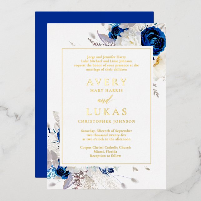 Real Gold Moderne Royal Blue Blumen Hochzeit Folieneinladung (Vorderseite/Rückseite)