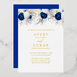 Real Gold Moderne Royal Blue Blumen Hochzeit Folieneinladung
