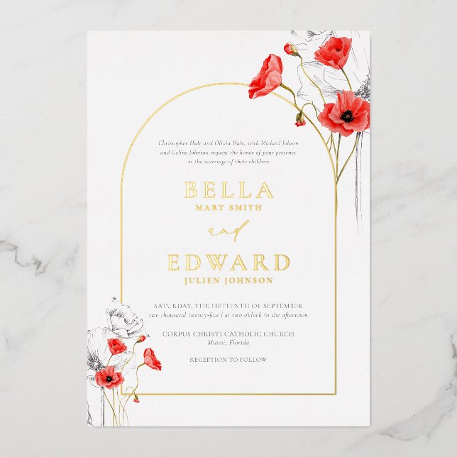 Real Gold Poppy Red Blume Moderne Chic Hochzeit Folieneinladung (Vorderseite)