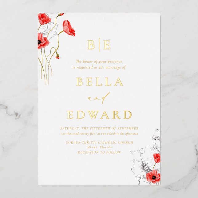Real Gold Poppy Red Wildblumen Chic Wedding Folieneinladung (Vorderseite)