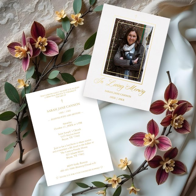 Real Gold White Traditional Elegant Photo Funeral Folieneinladung (Real Golden White Traditional & Elegant Photo Funeral Dear Ones Metallic Foil Invitations Cards.)