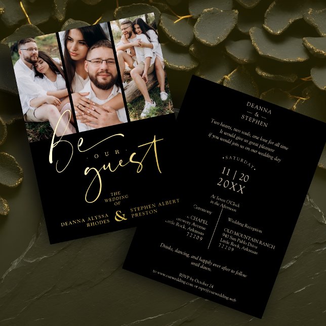 Real Golden Be our Guest Collage Wedding 3 Photos Folieneinladung (Real Golden Be our Guest Collage Wedding 3 Photos Metallic Foil Invitation Card with Envelope.)