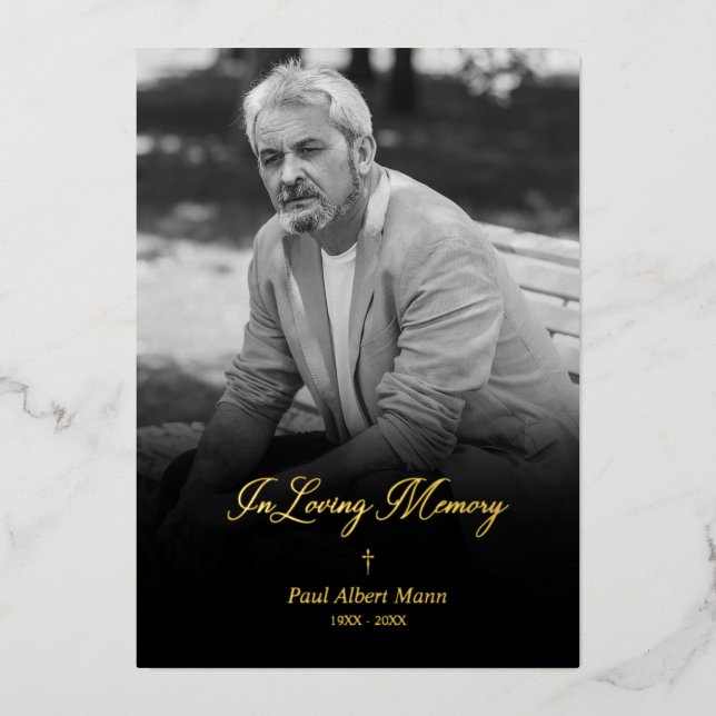 Real Golden In Loving Memory BW Photo Funeral Folieneinladung (Vorderseite)