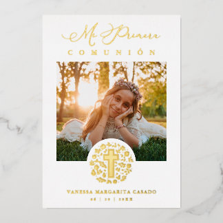 Real Golden Romantic Floral Wreath Photo Folieneinladung