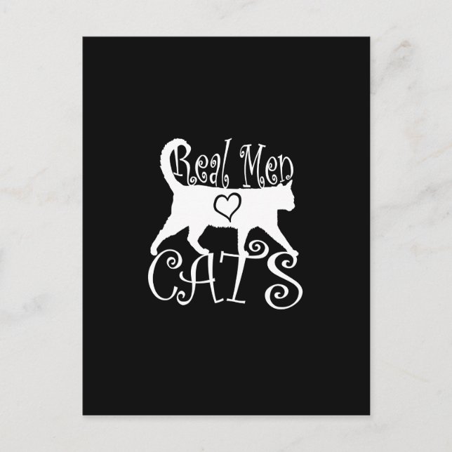 Real Men Liebe Cats Grafisches Design auf schwarze Postkarte (Vorderseite)