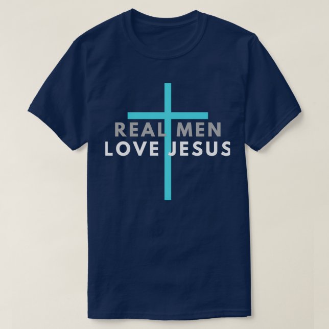 Real Men Liebe Jesus Bible Scripting Text Blue Cro T-Shirt (Design vorne)