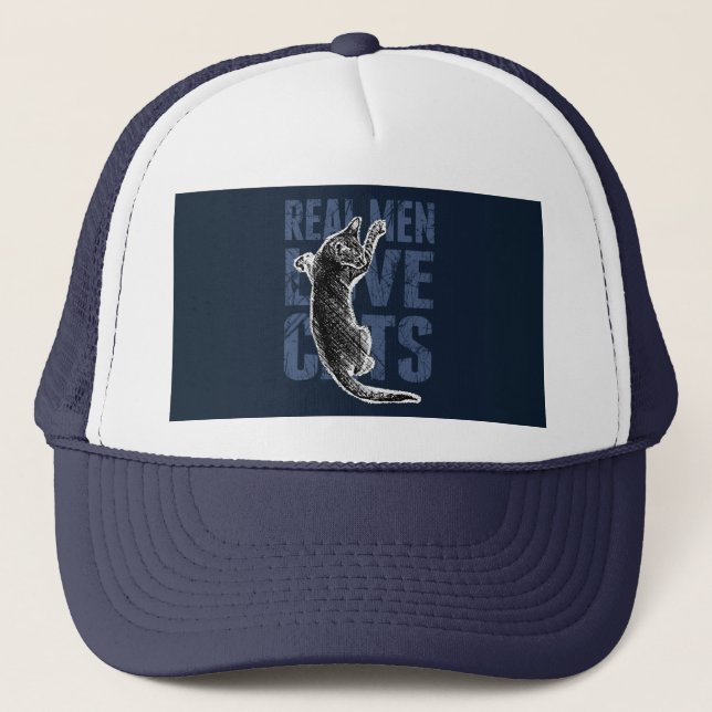 Real Men Liebe Katzen auf blauem Stahl Truckerkappe (Vorderseite)