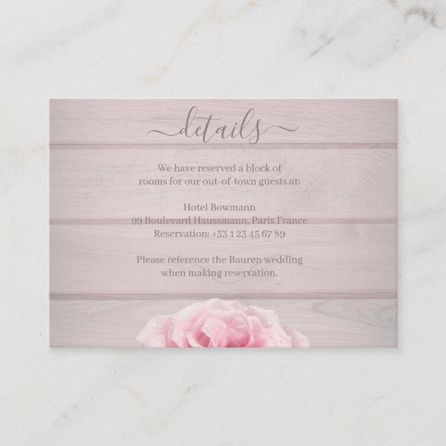 Real Pink Roses Rustikal Chic Wedding Hotel Detail Begleitkarte (Vorderseite)