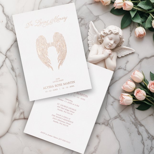 Real Rose Gold Fancy Angel Wings Metallic Folieneinladung (Real Rose Gold Fancy Angel Wings Metallic Foil Invitation with Envelope. Remember a little angel.)