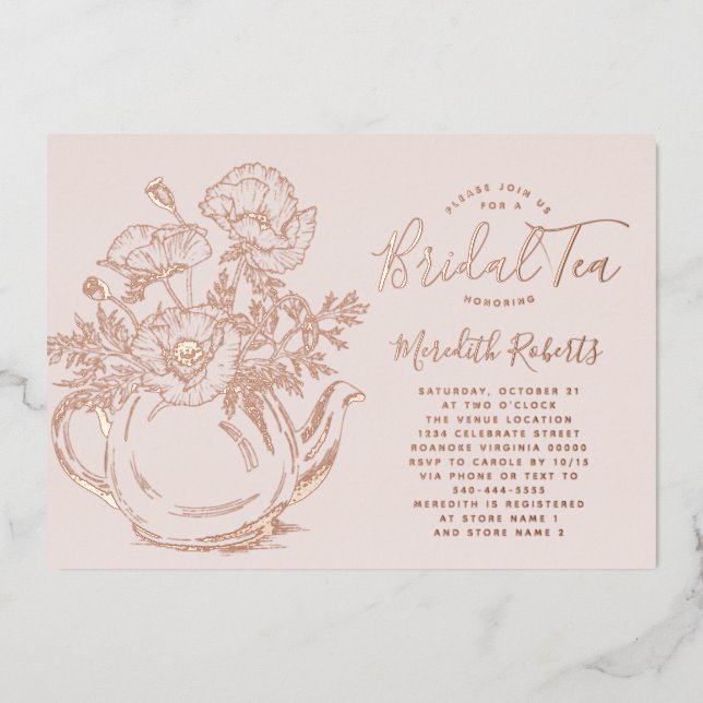 Real Rose Gold Flora Brautparty Teezeremonie auf d Folieneinladung (Vorderseite)