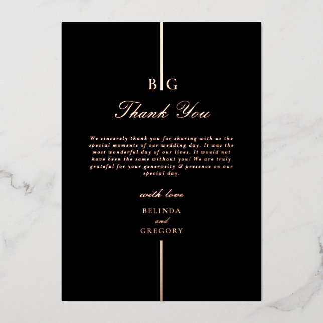 Real Rose Gold Foil Black Wedding Vielen Dank Folieneinladung (Vorderseite)