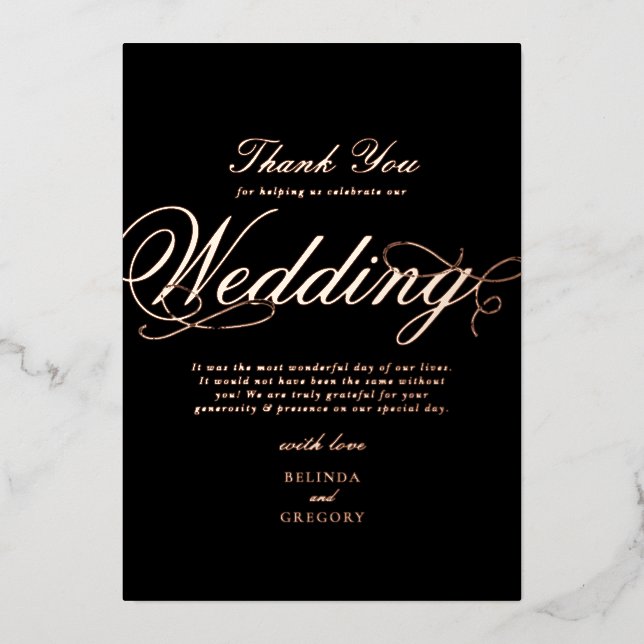 Real Rose Gold Foil Black Wedding Vielen Dank Folieneinladung (Vorderseite)