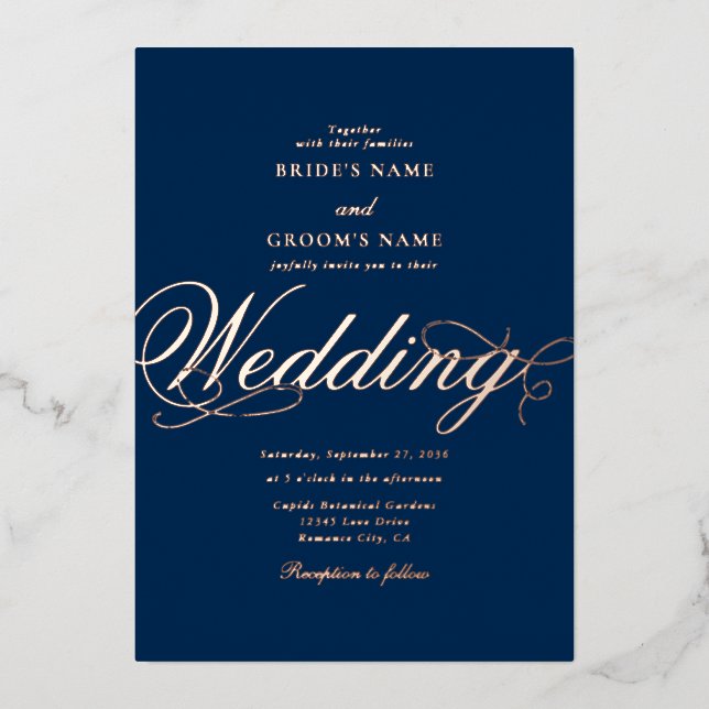 Real Rose Gold Foil Klassisches Luxus Blue Wedding Folieneinladung (Vorderseite)