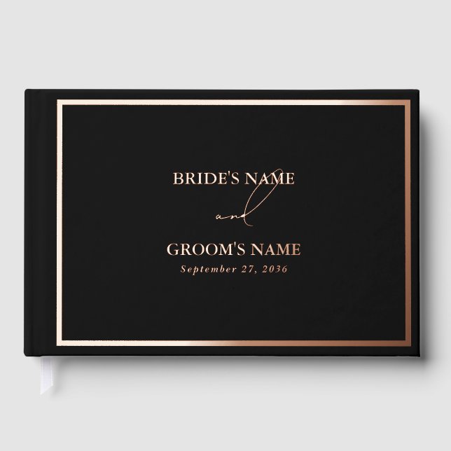 Real Rose Gold Foil Moderne Schwarze Hochzeit Gästebuch (Vorderseite)