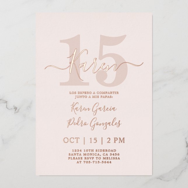 Real Rose Gold Folie Quinceañera Einladung (Vorderseite)