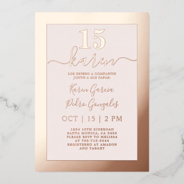 Real Rose Gold Quinceañera Einladung (Vorderseite)