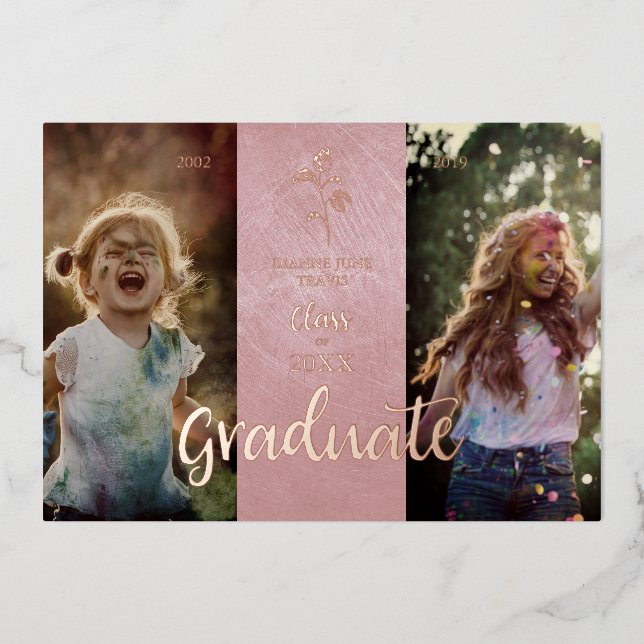 Real Rose Gold Then & Now Graduation Photo Folieneinladung (Vorderseite)
