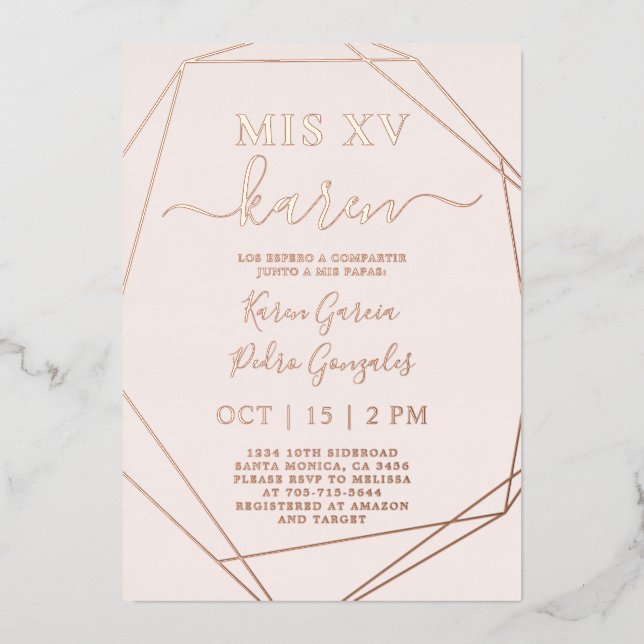 Real Rose Goldene Foil Quinceñera Einladung (Vorderseite)