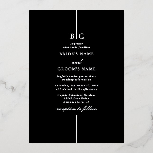 Real Silver Foil Black Elegant Monogram Wedding Folieneinladung (Vorderseite)