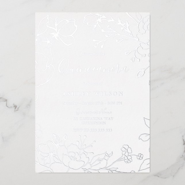 Real Silver Foil Blume Elegantes Quinceanera Party Folieneinladung (Vorderseite)