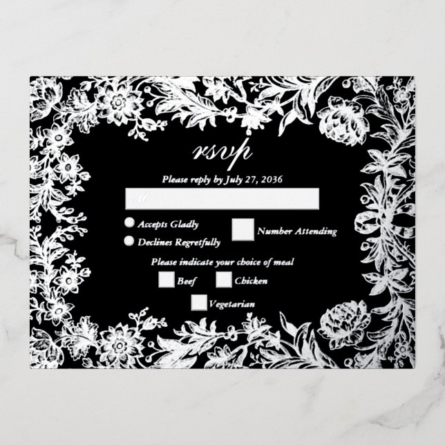 Real Silver Foil Floral Black Wedding RSVP Folie Einladungspostkarte (Vorderseite)