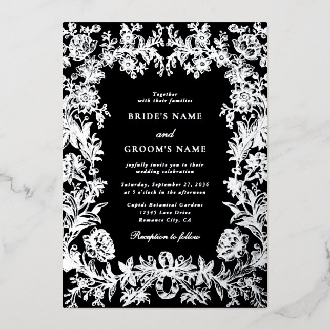 Real Silver Foil Floral Botanical Black Wedding Folieneinladung (Vorderseite)