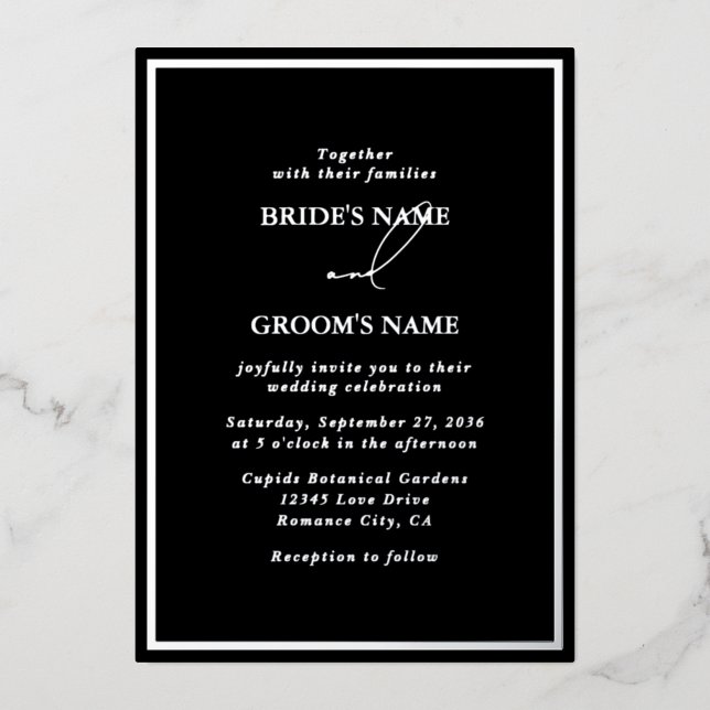 Real Silver Foil Moderne Schwarz & Silber Hochzeit Folieneinladung (Vorderseite)