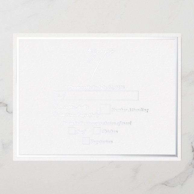 Real Silver Foil White & Silver Wedding RSVP Folie Einladungspostkarte (Vorderseite)