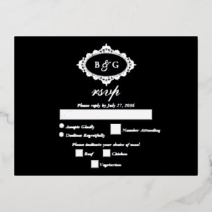 Real Silver Foil Wreath White Wedding RSVP Black Folie Einladungspostkarte