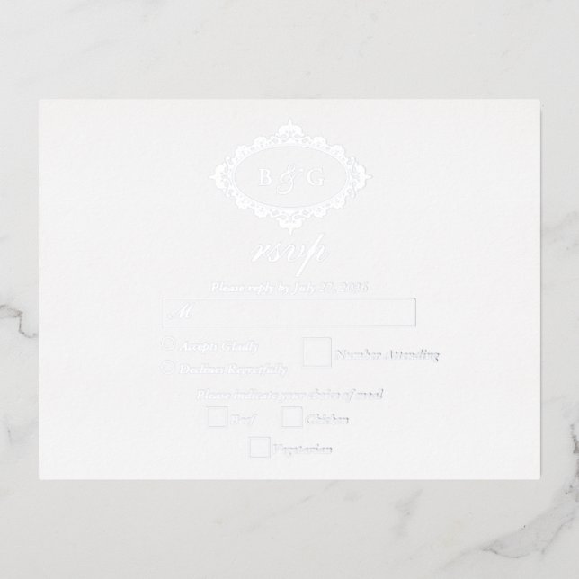 Real Silver Foil Wreath White Wedding RSVP Folie Einladungspostkarte (Vorderseite)