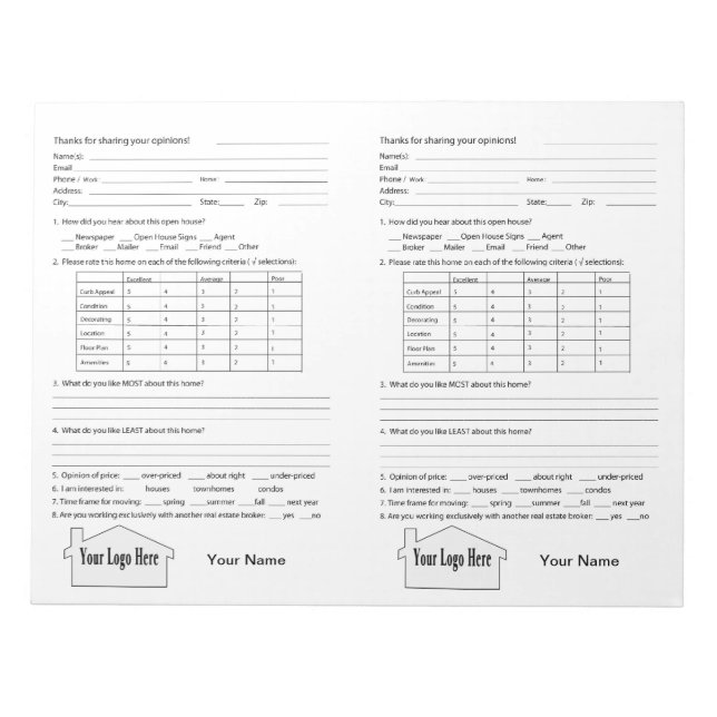 Reales Anwesen Open House Feedback Notepad Notizblock (Vorderseite)