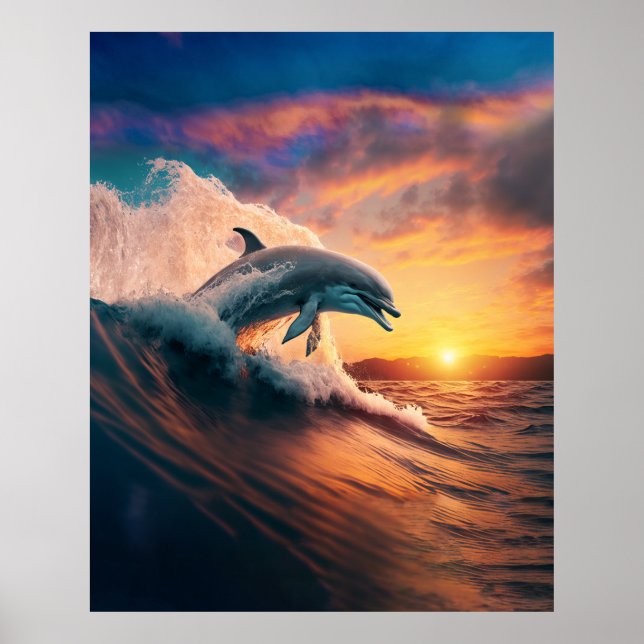 Realistic Dolphin Jumping Ocean Sunset Kids Adult  Poster (Vorne)