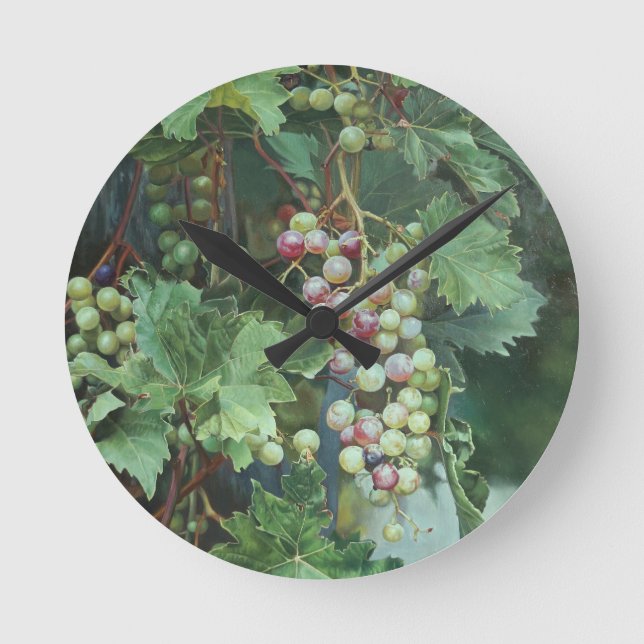 Realistic Grape Vine with Leaves – Fine Art Runde Wanduhr (Vorderseite)
