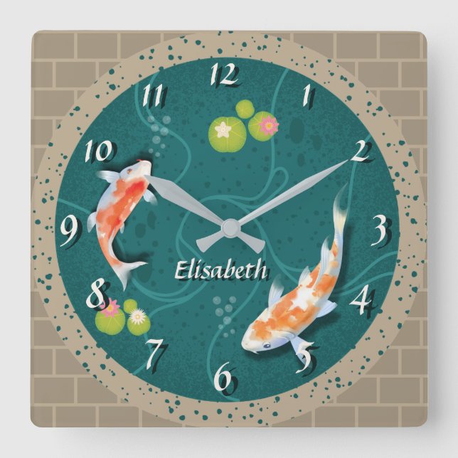 Realistic Green Japanese Koi Fish Pond  Quadratische Wanduhr (Vorderseite)