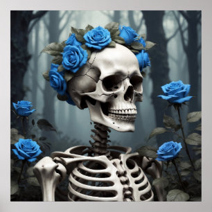 Realistisch blaue Rose Blumenskelett Poster