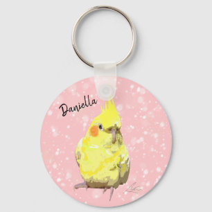 Realistisch gelbes Cockatiel-Malerei Rosa Flurries Schlüsselanhänger