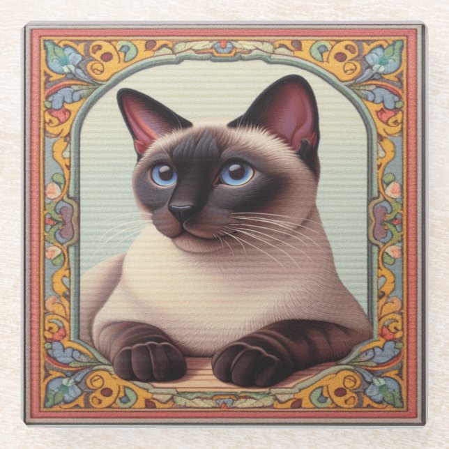 Realistisch Niedliche siamesische Katze farbenfroh Glasuntersetzer (Vorderseite)