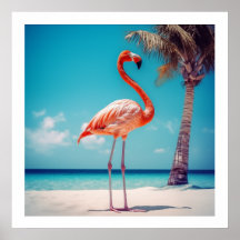 Realistisch rosa Flamingo auf Beach Poster