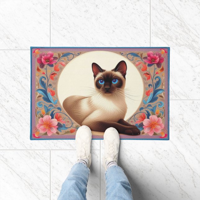 Realistisch siamesische Katze farbenfrohe Blumengr Fußmatte (Indoor)