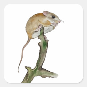 Realistische Aquarellmaus in einem Baum Quadratischer Aufkleber